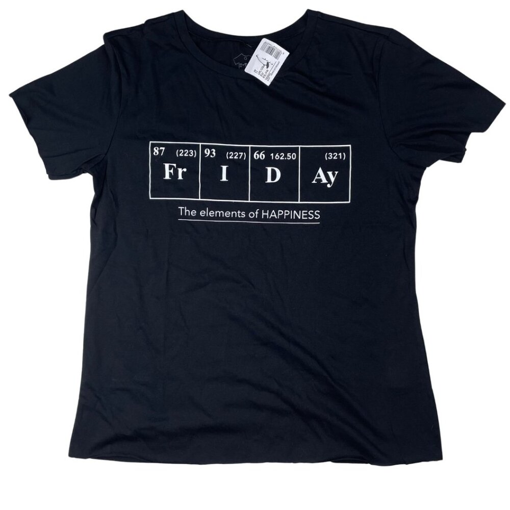 Black graphic t-shirt with “Friday the elements of happiness”
